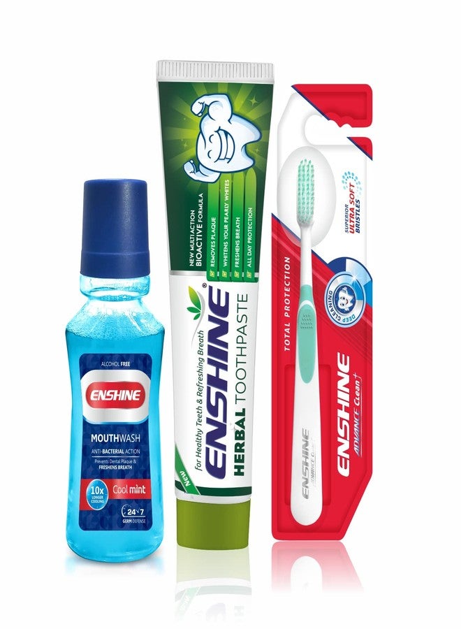 Enshine Oral Care Combo Pack of 3- Herbal Toothpaste(100g) for Healthy Teeth|Cool Mint Mouthwash (150ml) and Advance Toothbrush with Tongue Cleaner|Helps to Make Teeth White and Remove Food from Teeth - Image 1